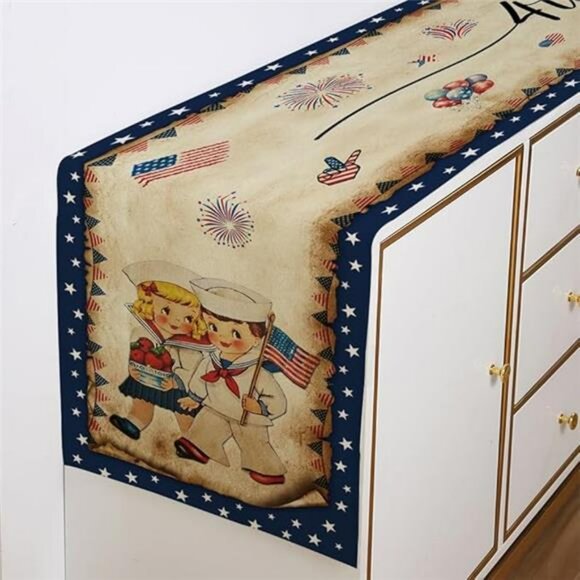 Vintage 4th of July Table Runner Linen Independence Day Party Table Decor 13x72 - Picture 5 of 8